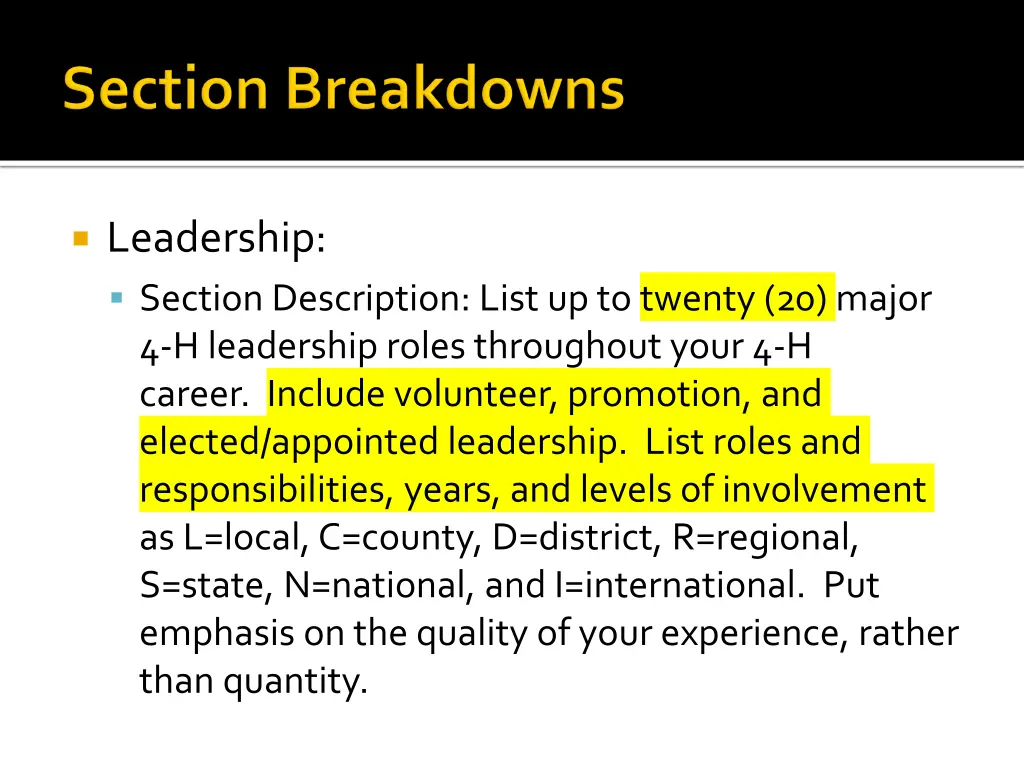 leadership section description list up to twenty