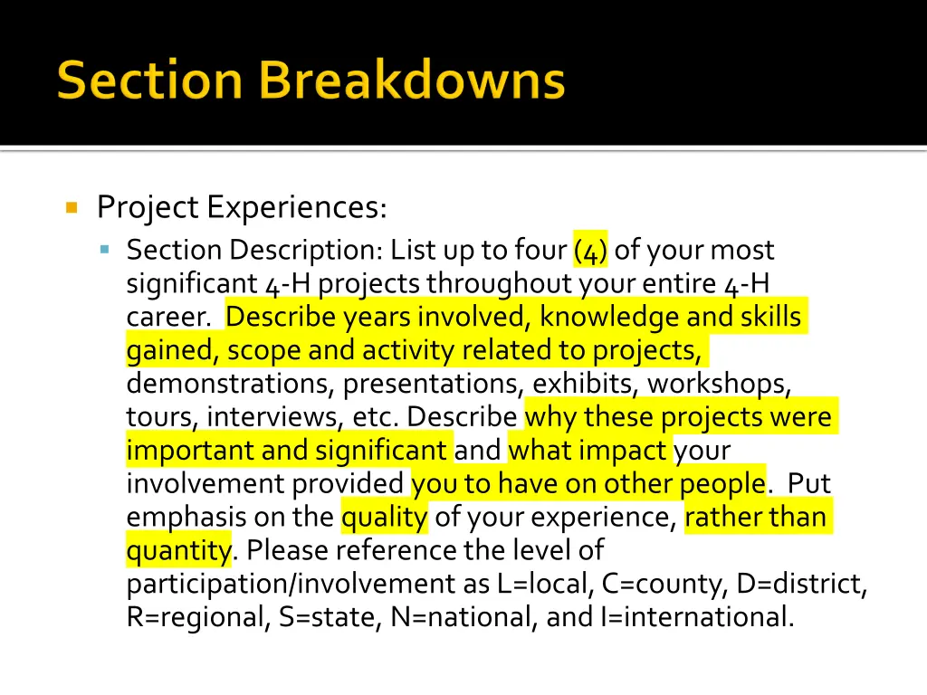 project experiences section description list