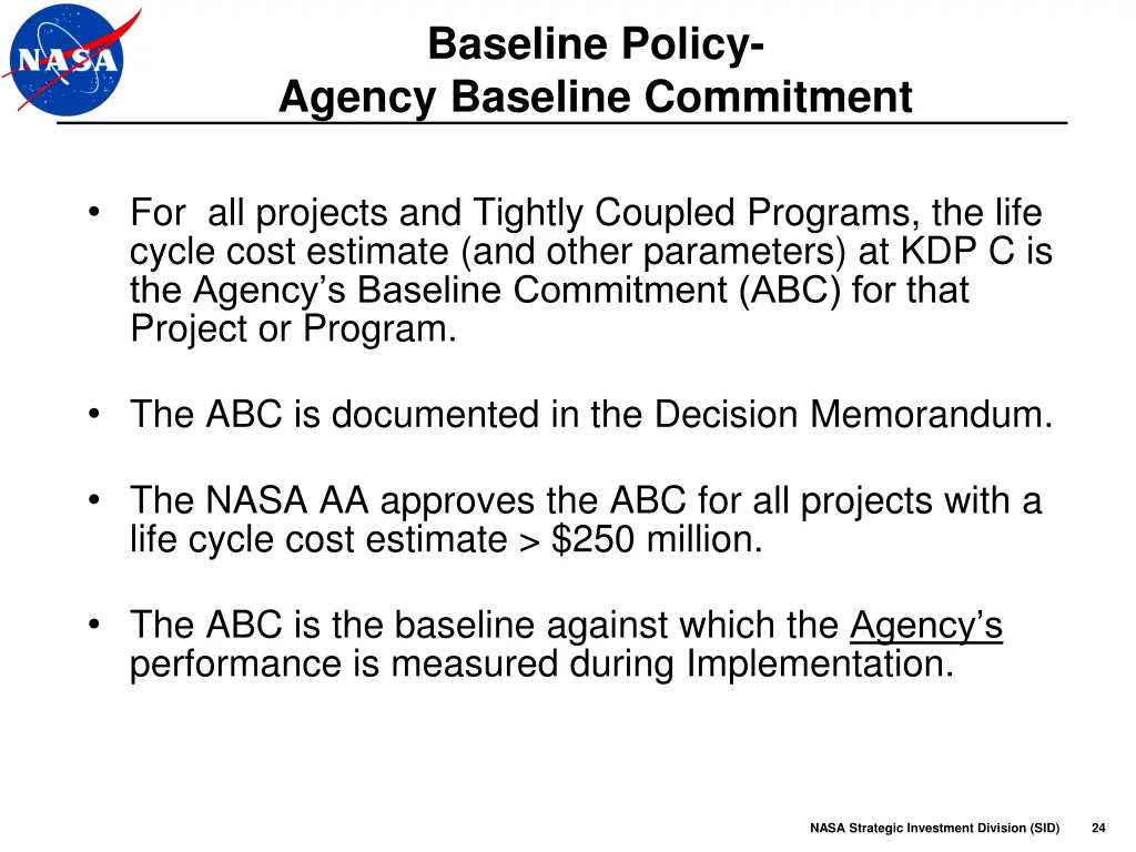 baseline policy agency baseline commitment