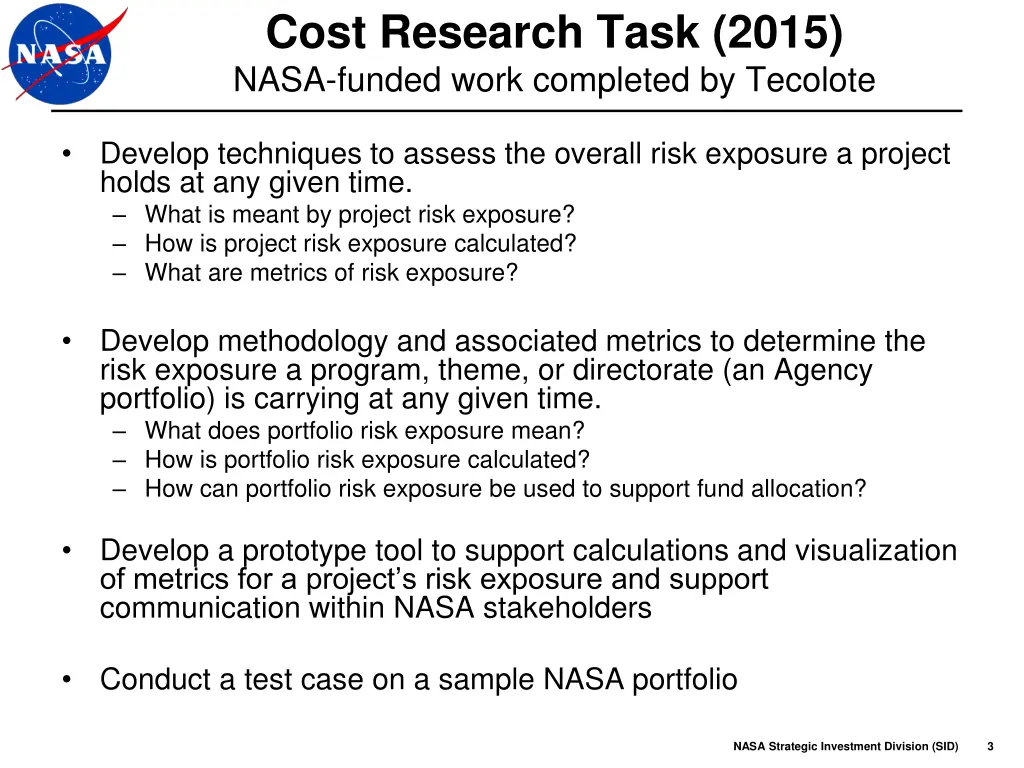 cost research task 2015 nasa funded work