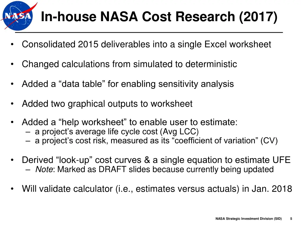 in house nasa cost research 2017