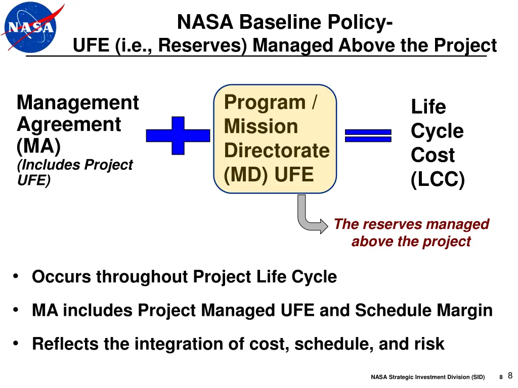 nasa baseline policy ufe i e reserves managed