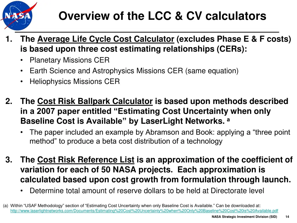 overview of the lcc cv calculators