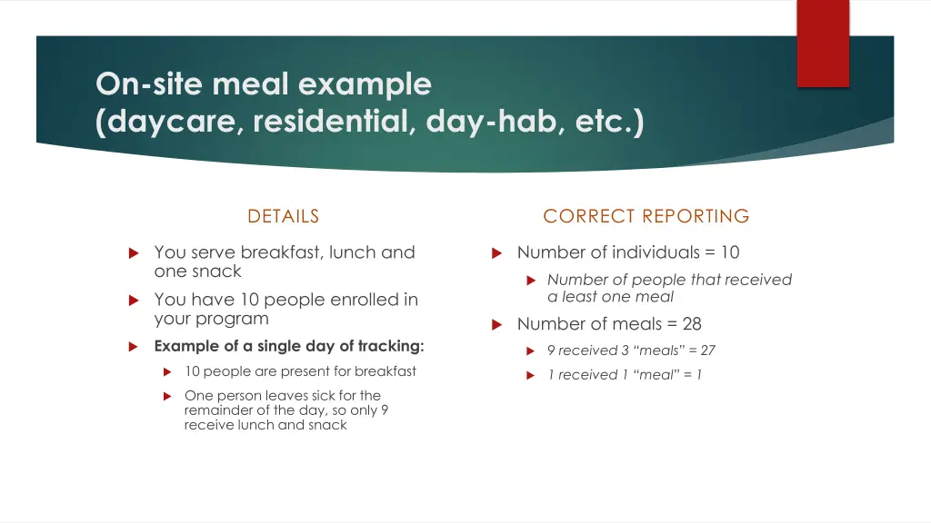 on site meal example daycare residential