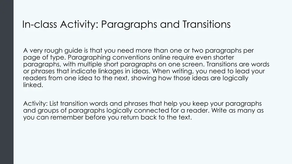 in class activity paragraphs and transitions