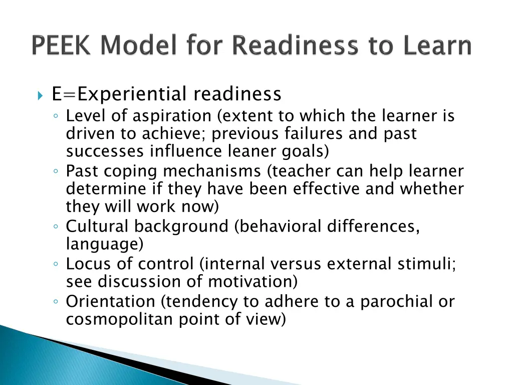 e experiential readiness level of aspiration