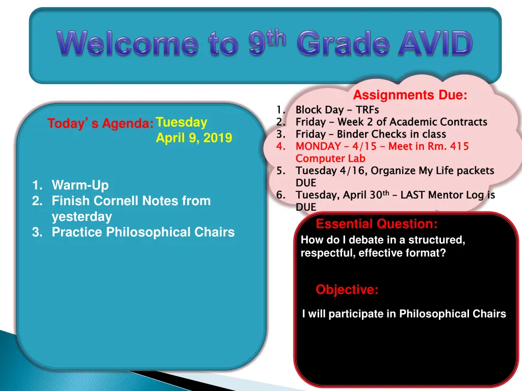 assignments due block day trfs friday friday