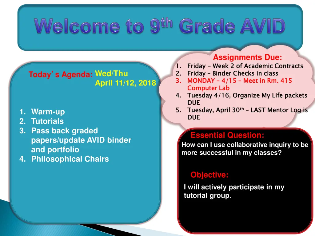 assignments due friday week 2 of academic 1