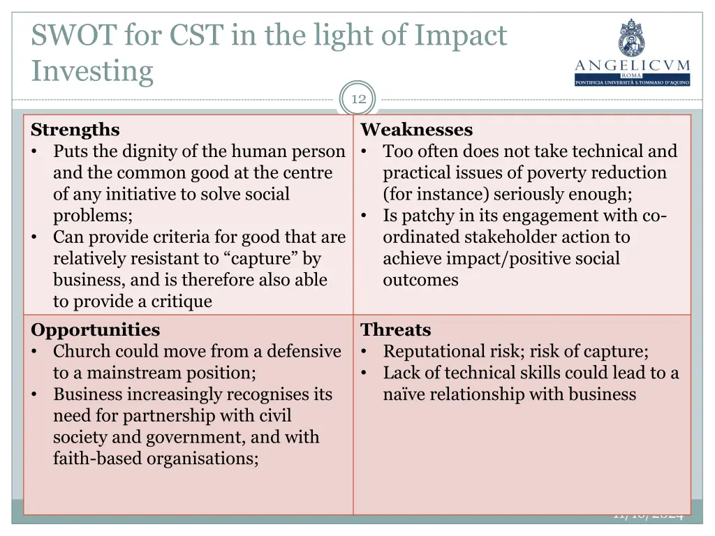 swot for cst in the light of impact investing