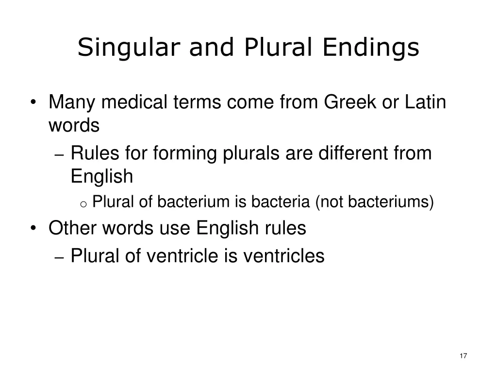 singular and plural endings