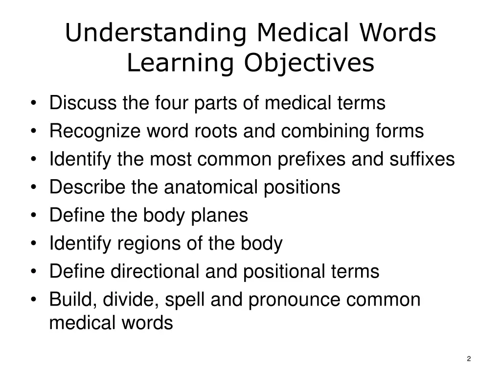 understanding medical words learning objectives