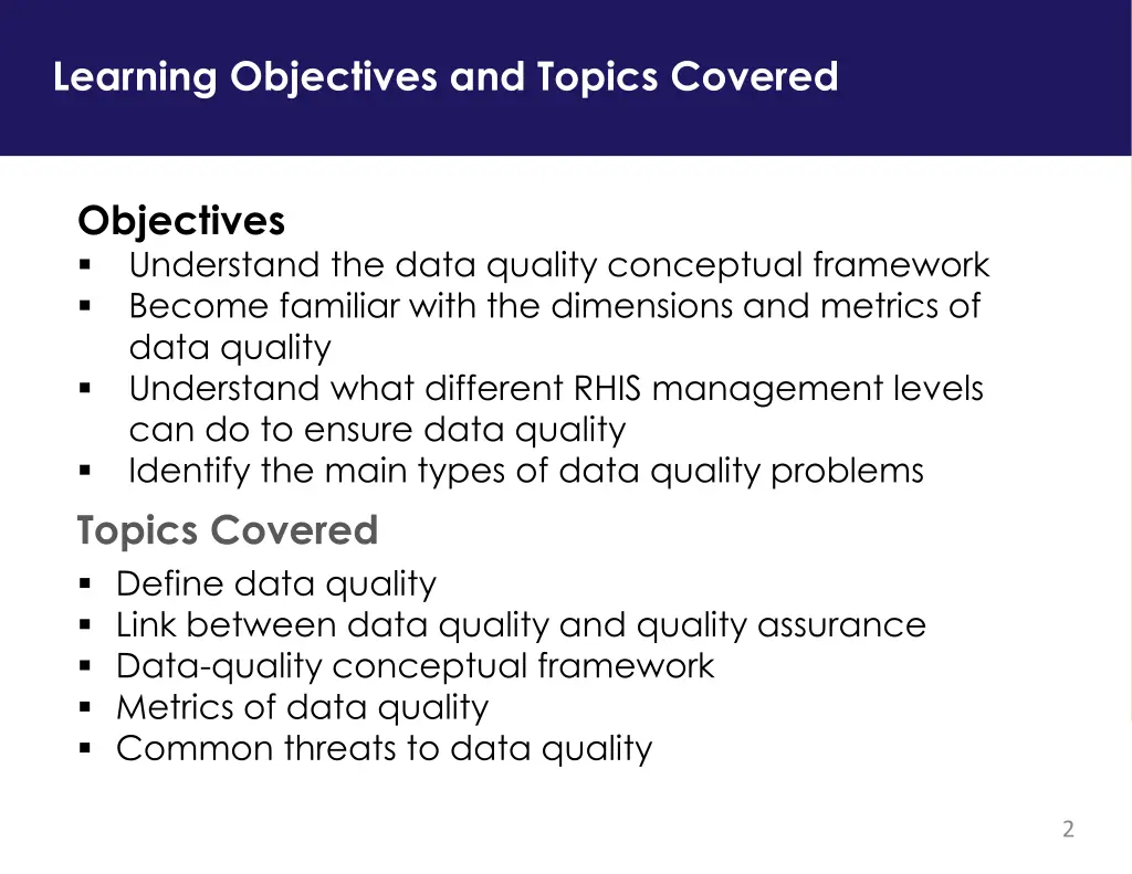 learning objectives and topics covered