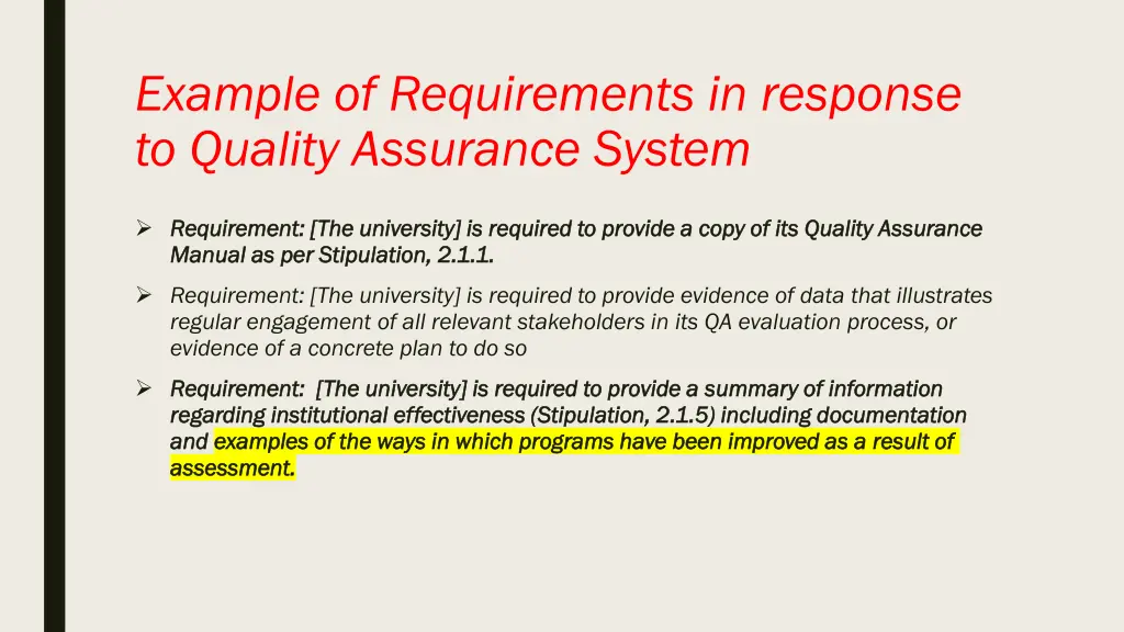 example of requirements in response to quality