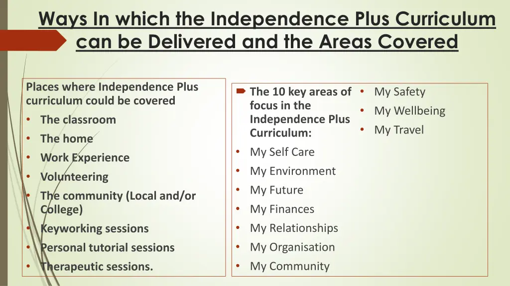 ways in which the independence plus curriculum