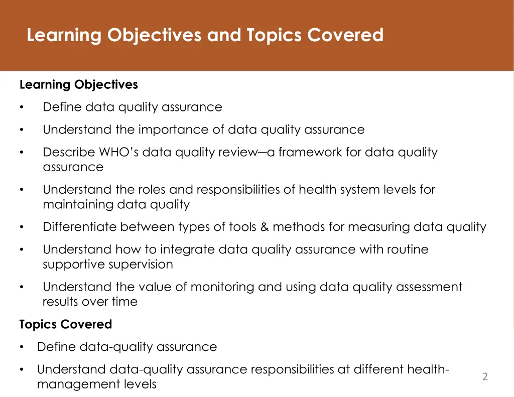 learning objectives and topics covered