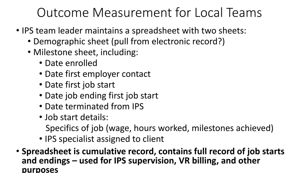 outcome measurement for local teams ips team