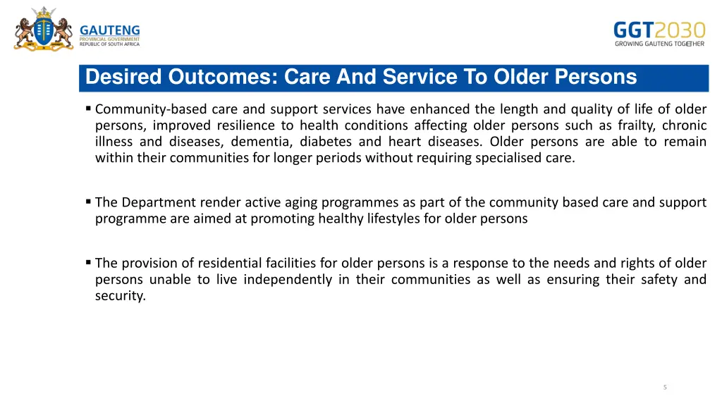 desired outcomes care and service to older persons