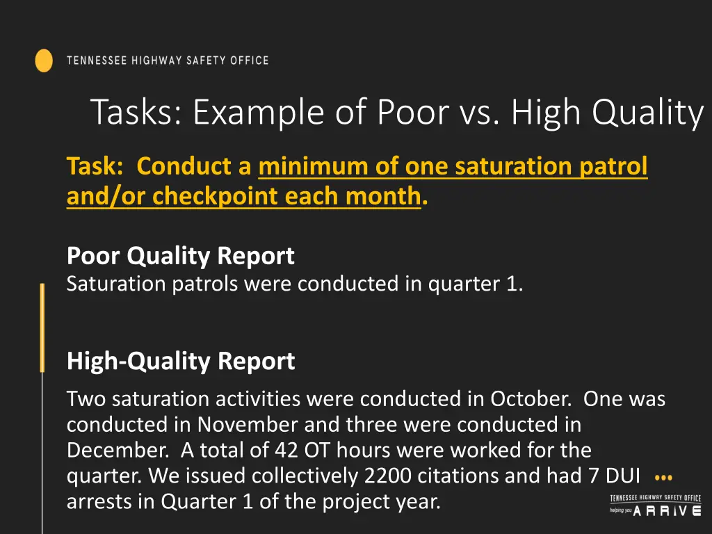 tasks example of poor vs high quality