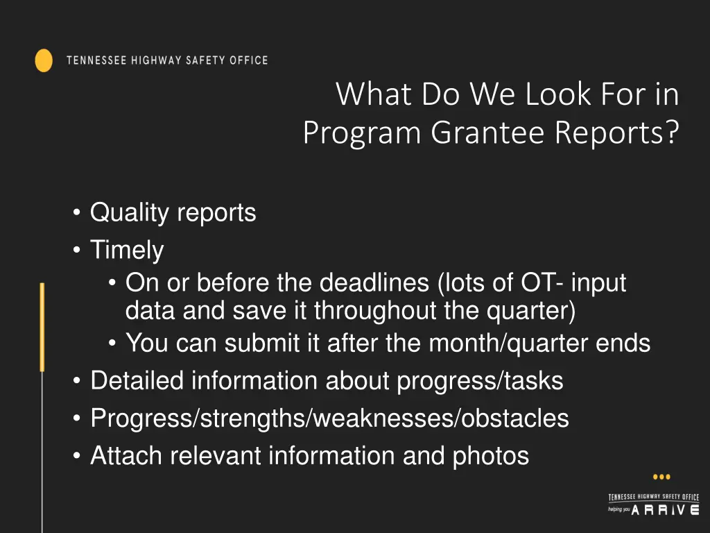 what do we look for in program grantee reports