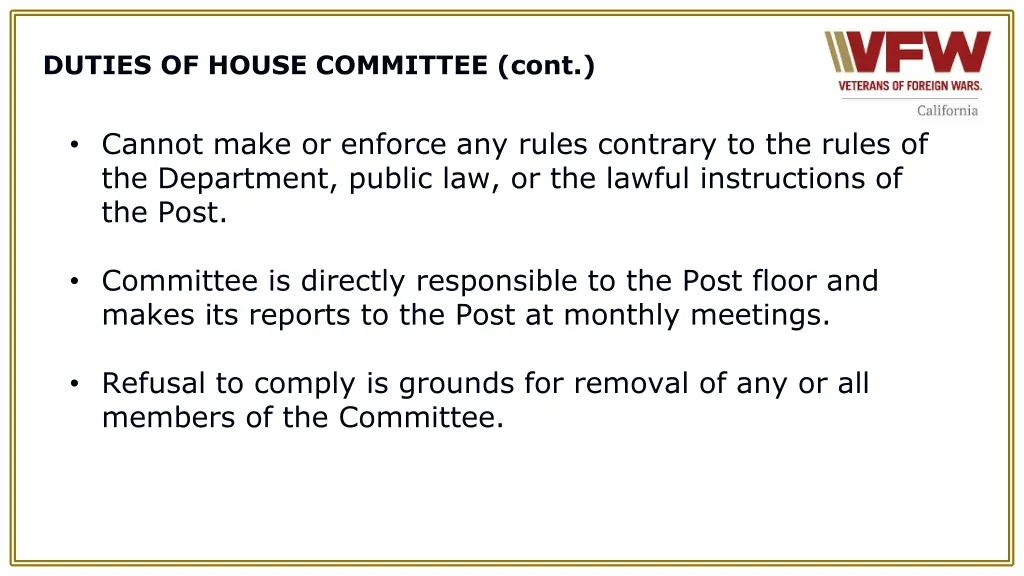 duties of house committee cont 1