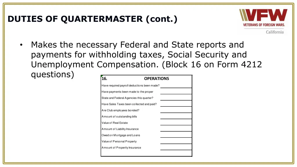 duties of quartermaster cont