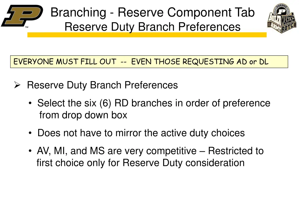 branching reserve component tab reserve duty