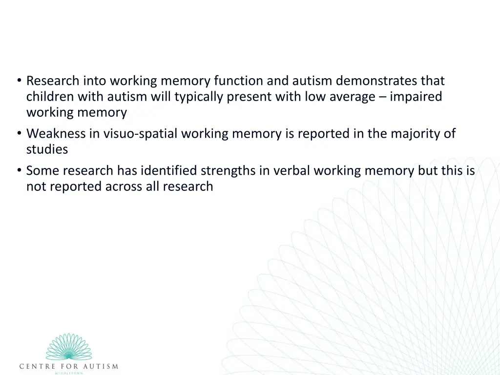 research into working memory function and autism