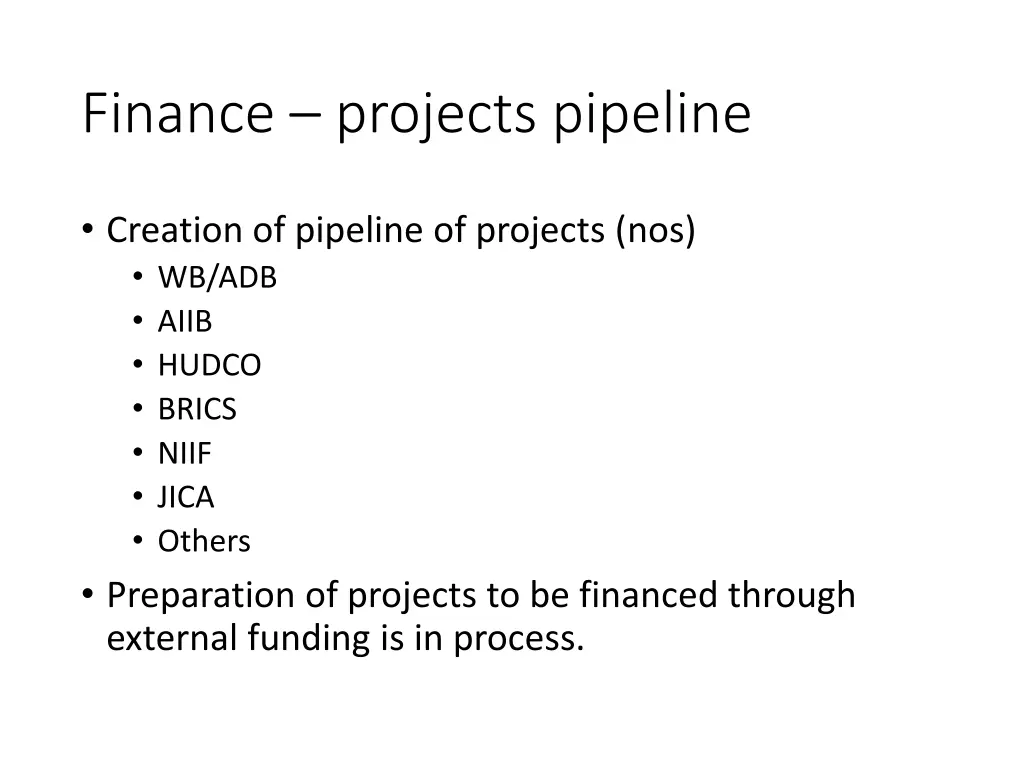 finance projects pipeline