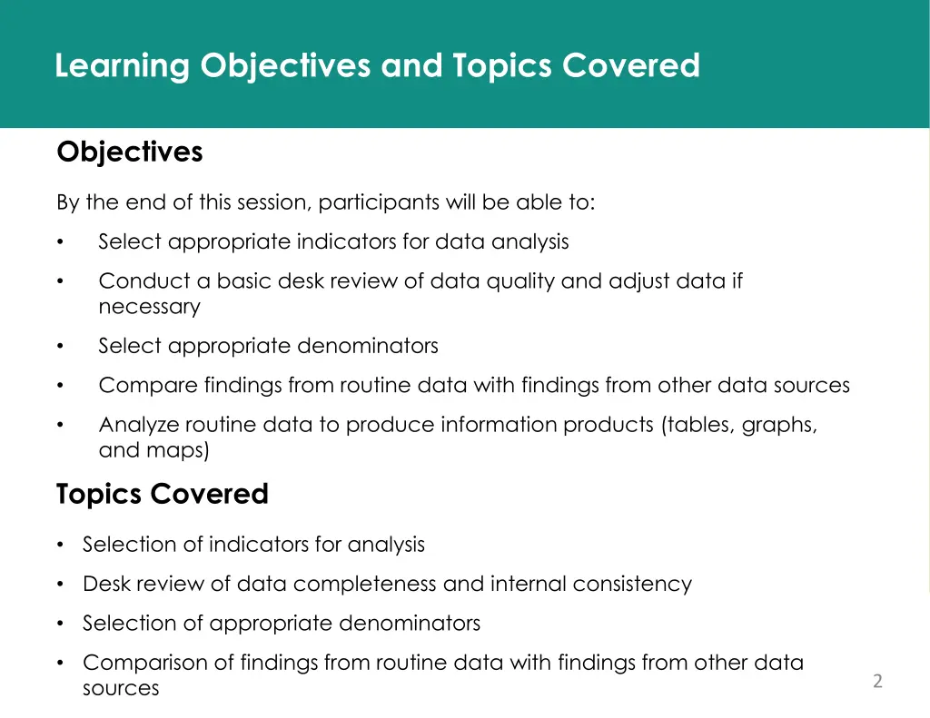 learning objectives and topics covered