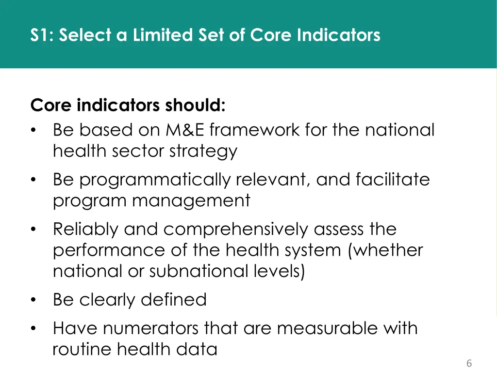 s1 select a limited set of core indicators