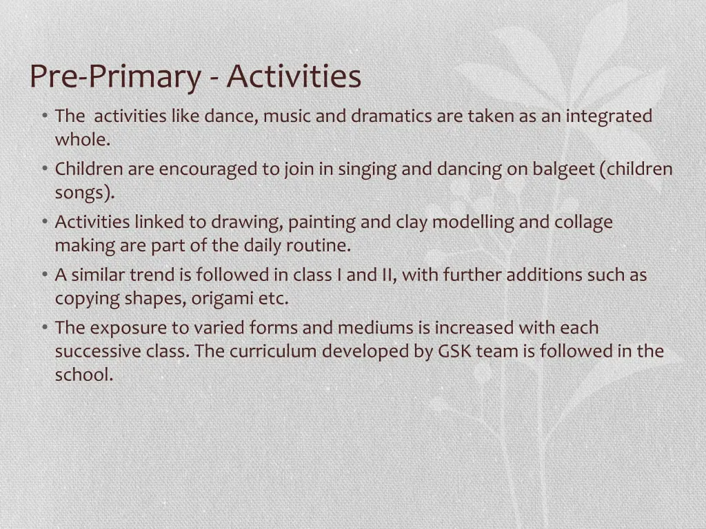 pre primary activities the activities like dance