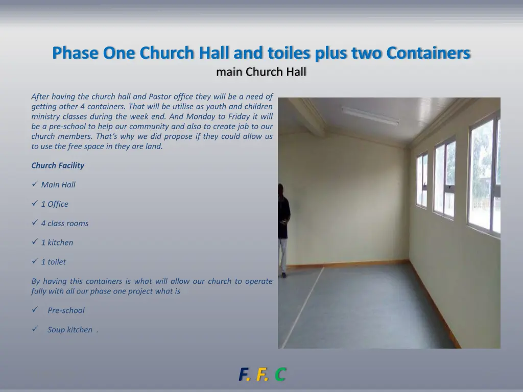 phase one church hall and toiles plus