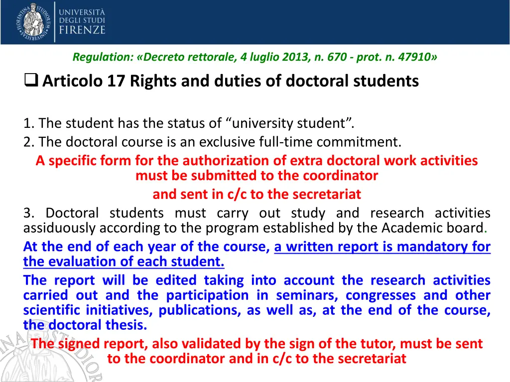 regulation decreto rettorale 4 luglio 2013