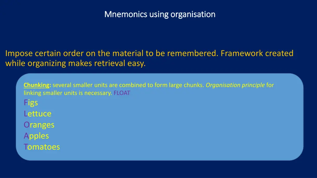 mnemonics using organisation mnemonics using