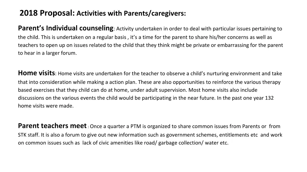 2018 proposal activities with parents caregivers