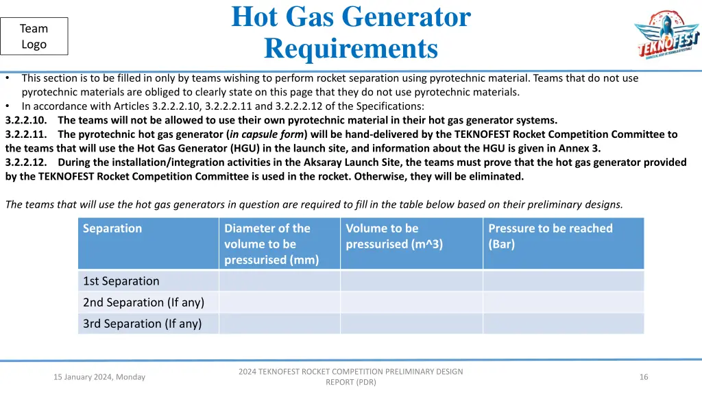 hot gas generator requirements