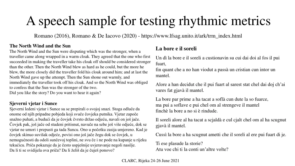 a speech sample for testing rhythmic metrics