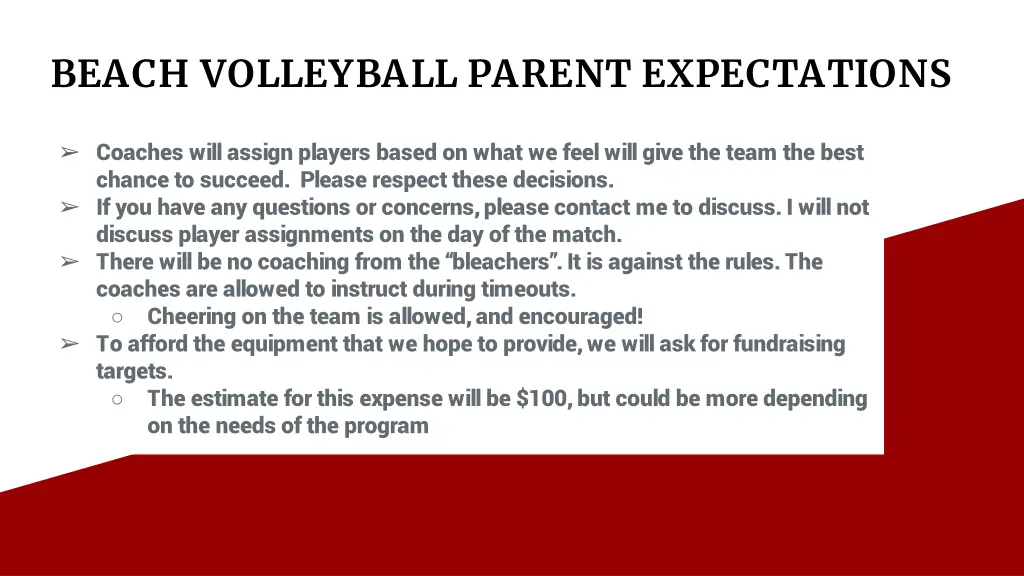 beach volleyball parent expectations