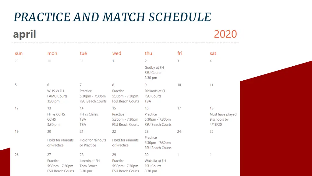 practice and match schedule 1