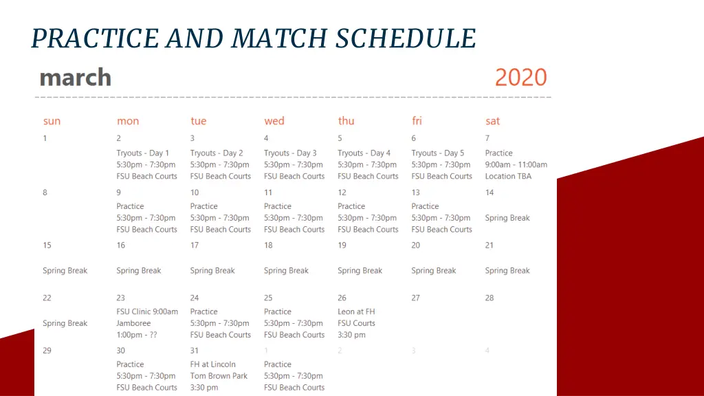 practice and match schedule