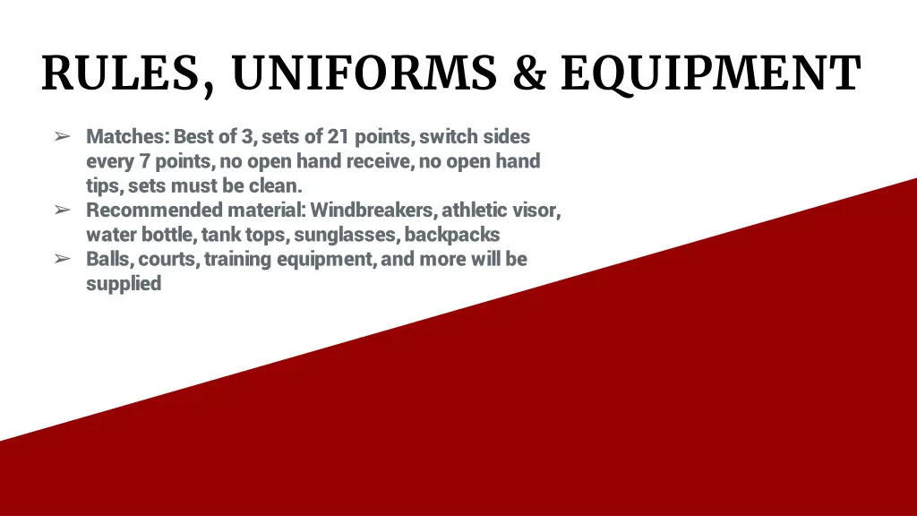 rules uniforms equipment