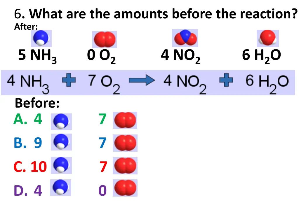 6 what are the amounts before the reaction after