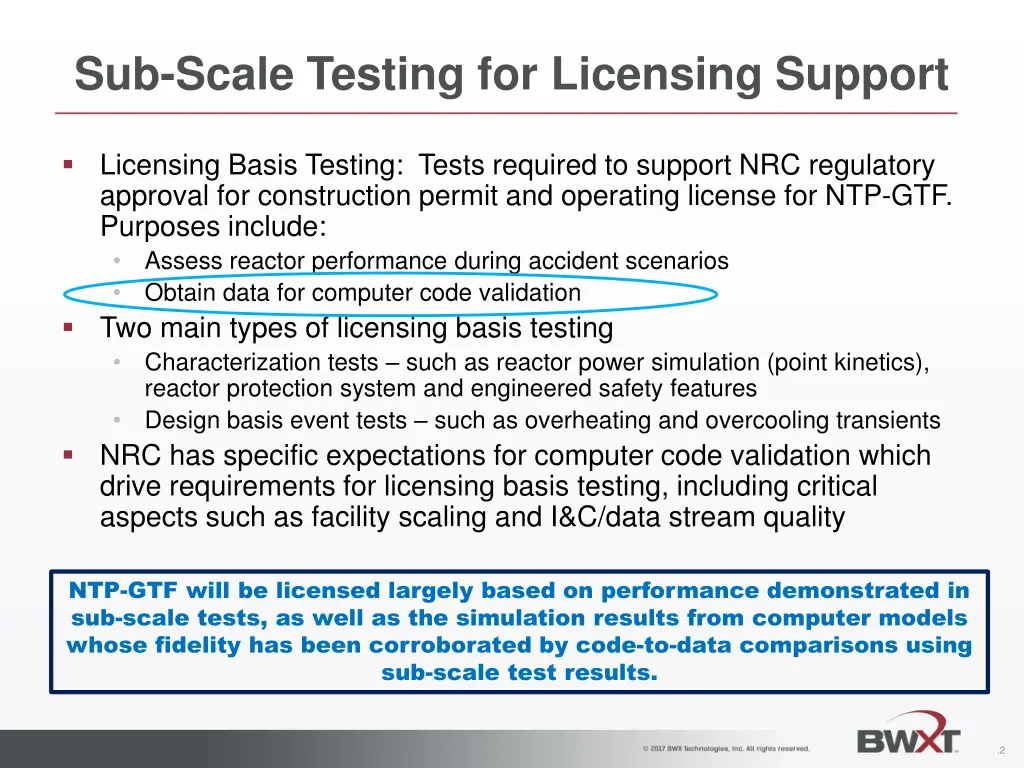 sub scale testing for licensing support