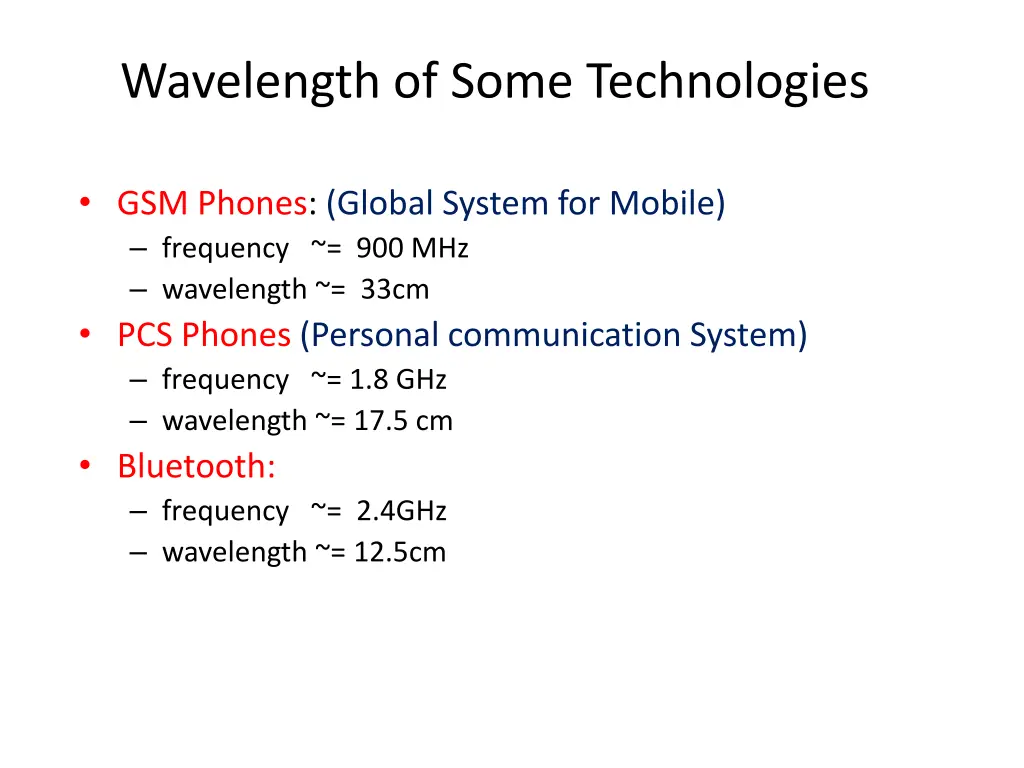 wavelength of some technologies