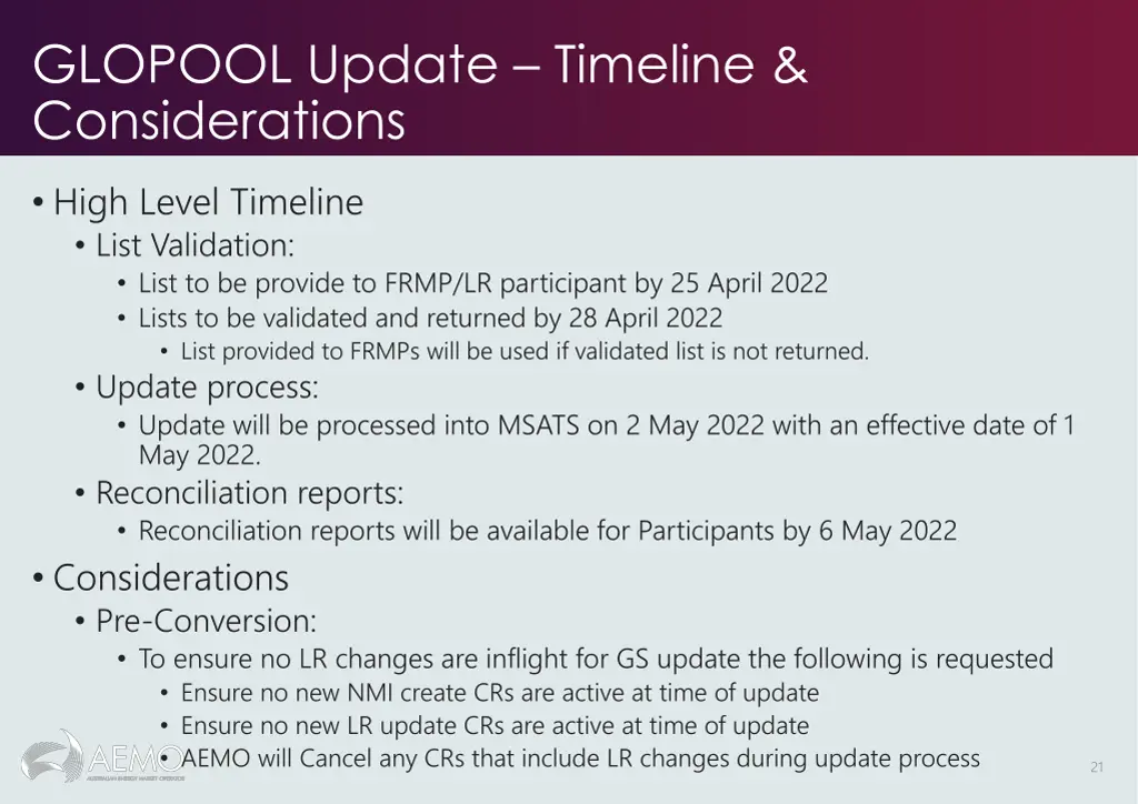 glopool update timeline considerations