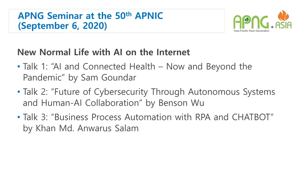 apng seminar at the 50 th apnic september 6 2020