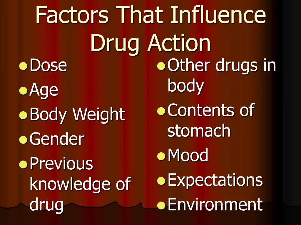 factors that influence drug action dose age body