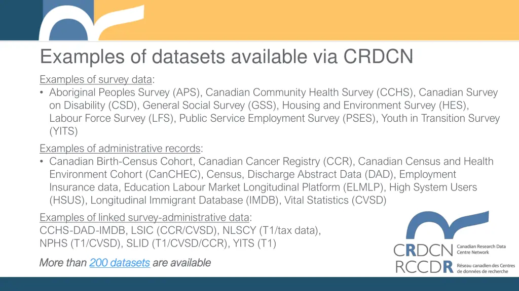 examples of datasets available via crdcn examples