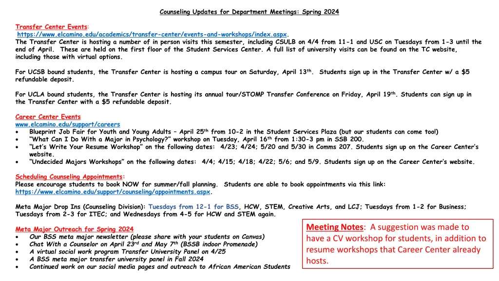 counseling updates for department meetings spring