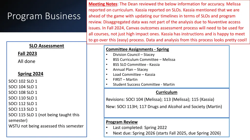 meeting notes the dean reviewed the below